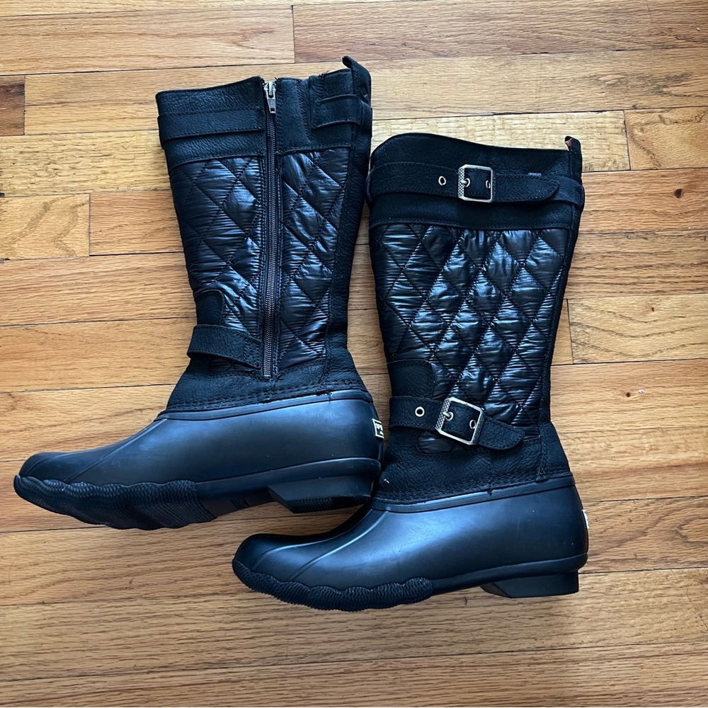 Womens Sperry Saltwater Tall Duck Boots Size 8.5 Black Nylon Quilted Waterproof